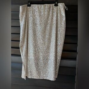 CeCe XL Sequin Silver Pull on Midi Skirt Elastic Waist Lined glam